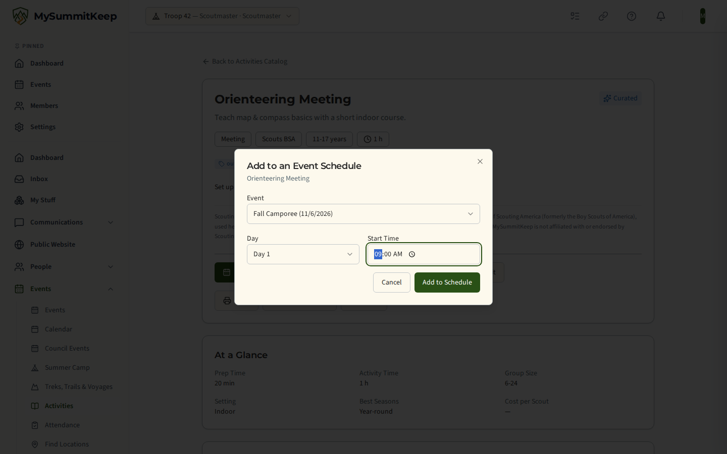 The Add to an Event Schedule dialog with an upcoming event chosen and the day and start time fields.