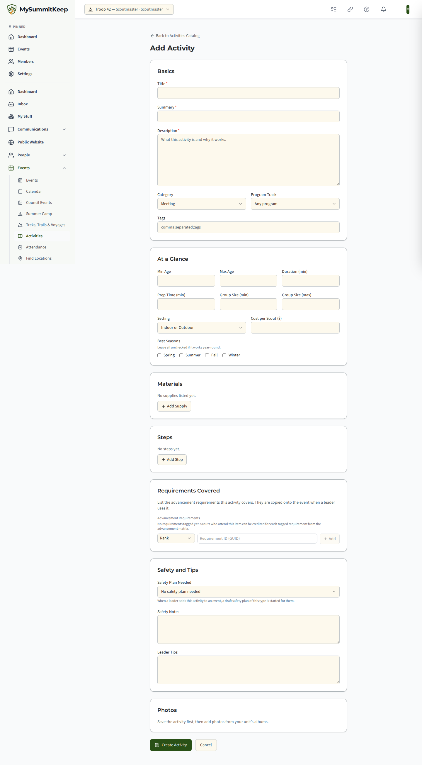 The Add Activity form with the Basics, At a Glance, Materials, Steps, Requirements Covered, Safety and Tips and Photos sections.