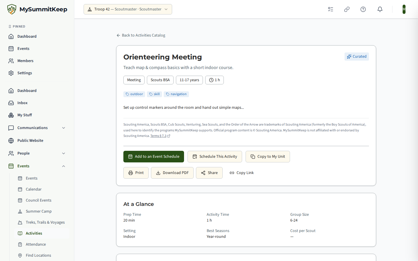 A curated activity with the Print, Download PDF, Share and Copy Link buttons under the Add to an Event Schedule button.