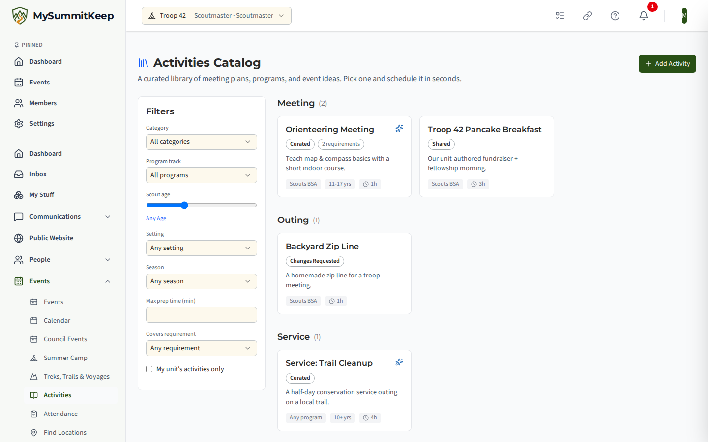 The Activities Catalog at /activities-catalog with its Filters panel on the left and a grid of activity cards, some marked Curated and some marked with the unit's own sharing state.