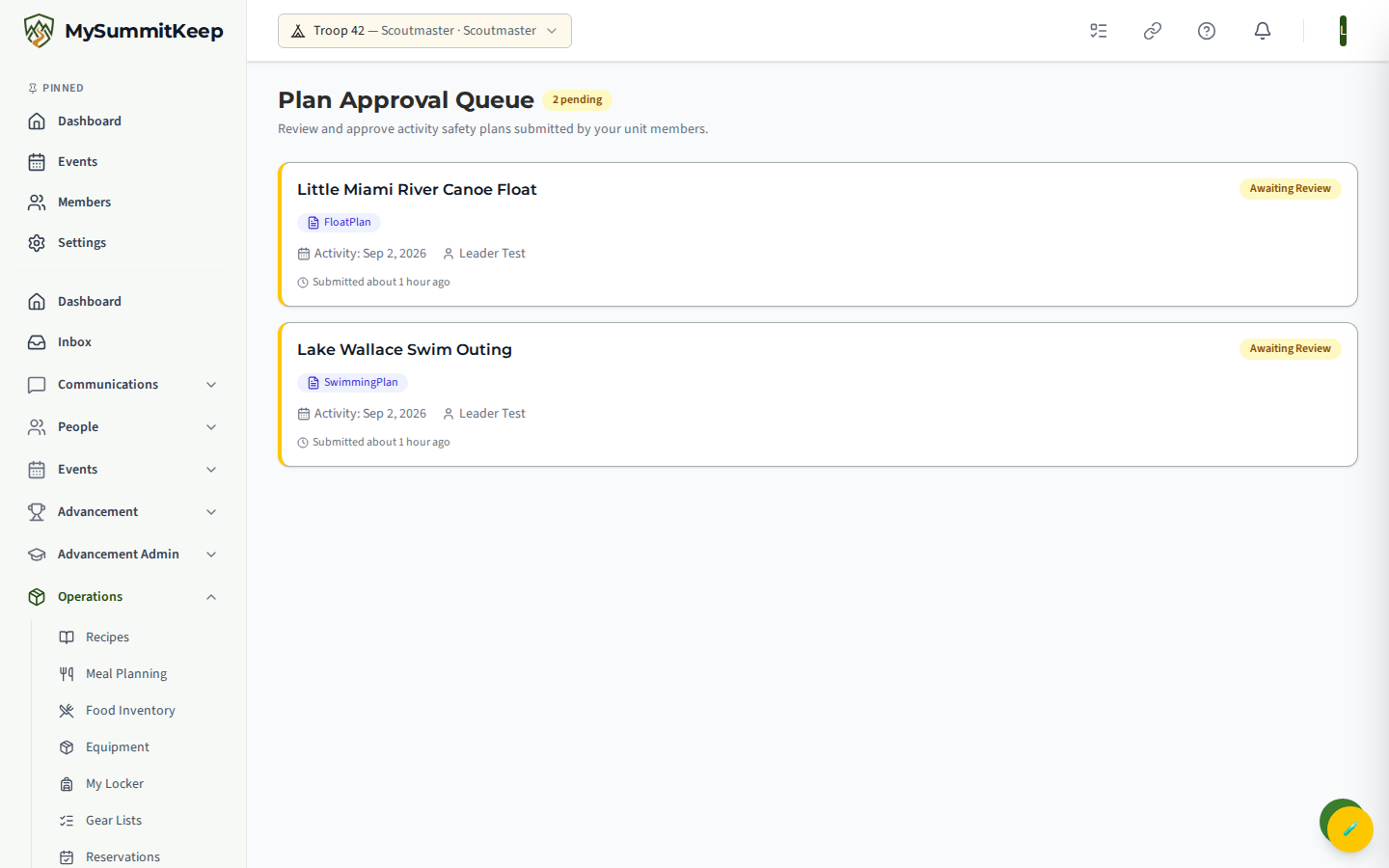 The approval queue showing plans pending review with time-since-submitted.
