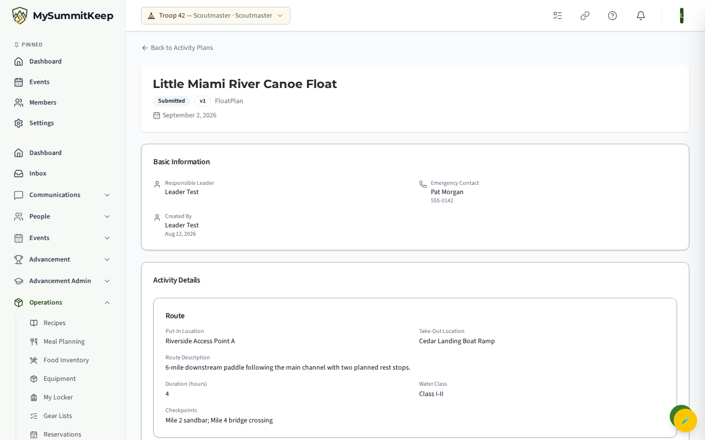 An activity-plan detail page with status badge, dynamic fields, participants, and the submit/approve/revise/cancel actions.