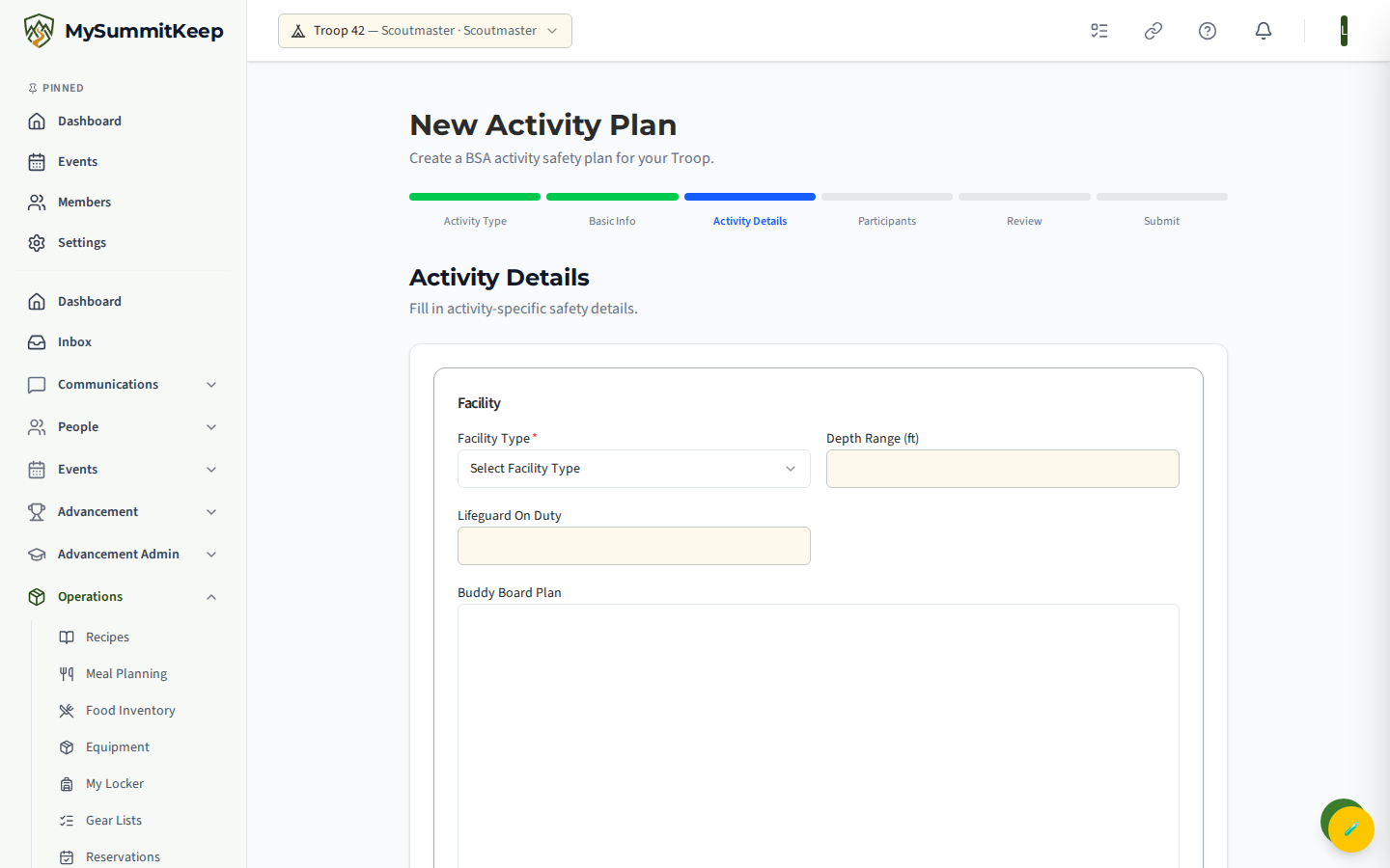 The new activity-plan wizard showing the activity-type selection and the dynamic activity-specific details step.