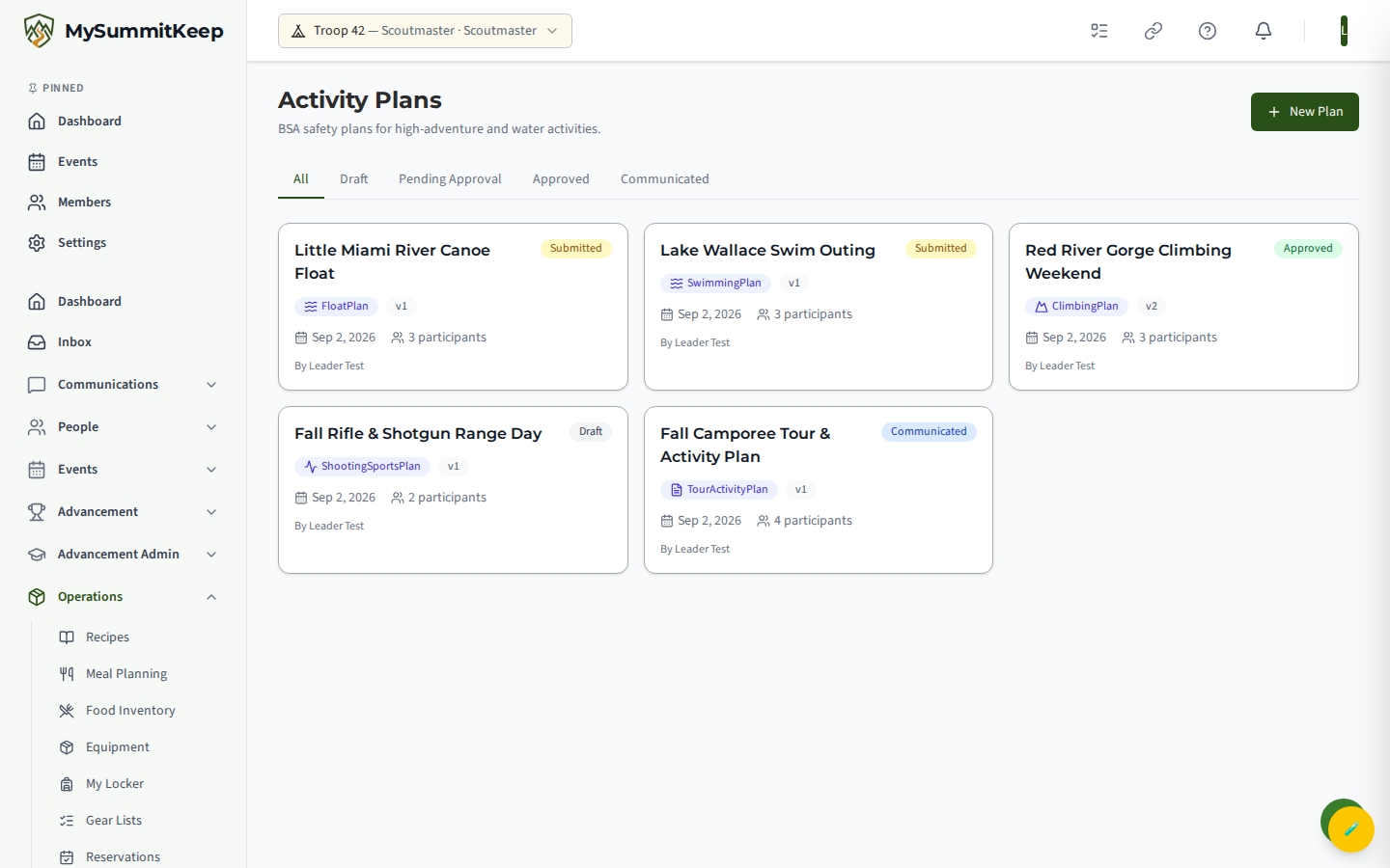 The /activity-plans list with status tabs (All, Draft, Pending Approval, Approved, Communicated) and plan cards showing type icon, version, date, participants.
