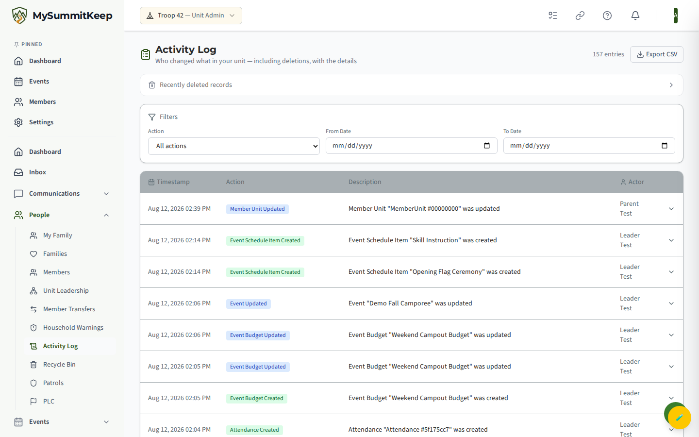Activity Log audit trail of events, member changes, advancements, announcements, and budgets.