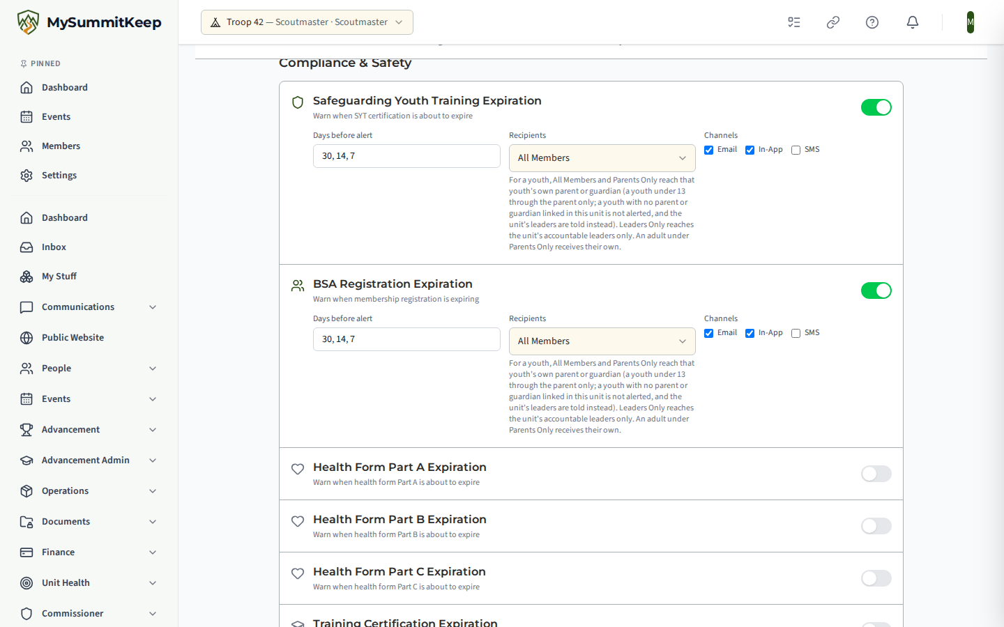 Alert Configuration scrolled to Compliance & Safety, with the Safeguarding Youth Training and Registration expiration alerts switched on and, under each Recipients picker, the note on who a youth's alert reaches.