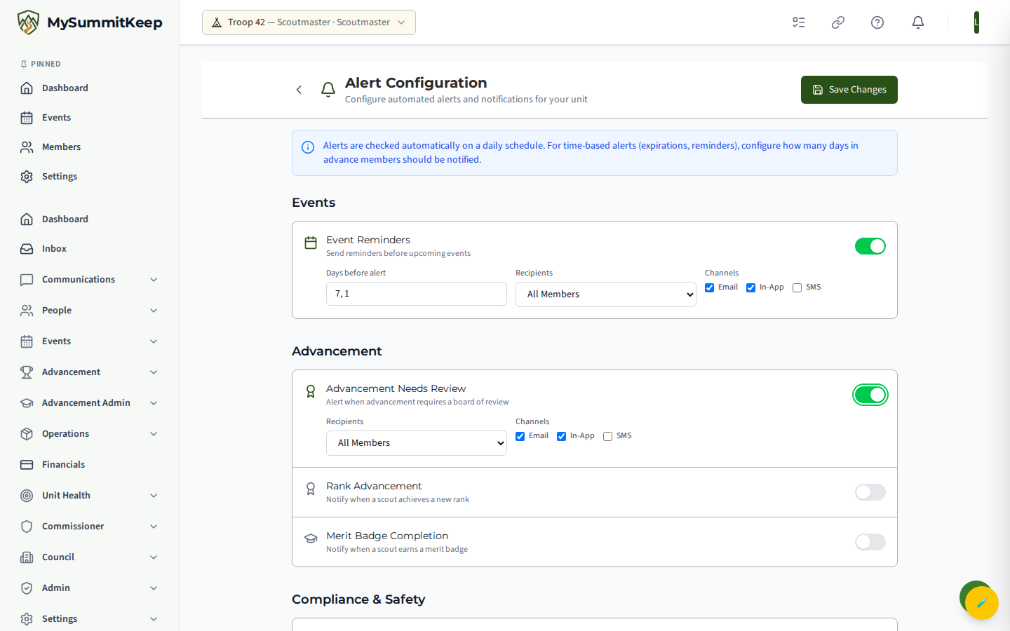Alert Configuration page showing automated alert types with enable toggles and lead-time day inputs.