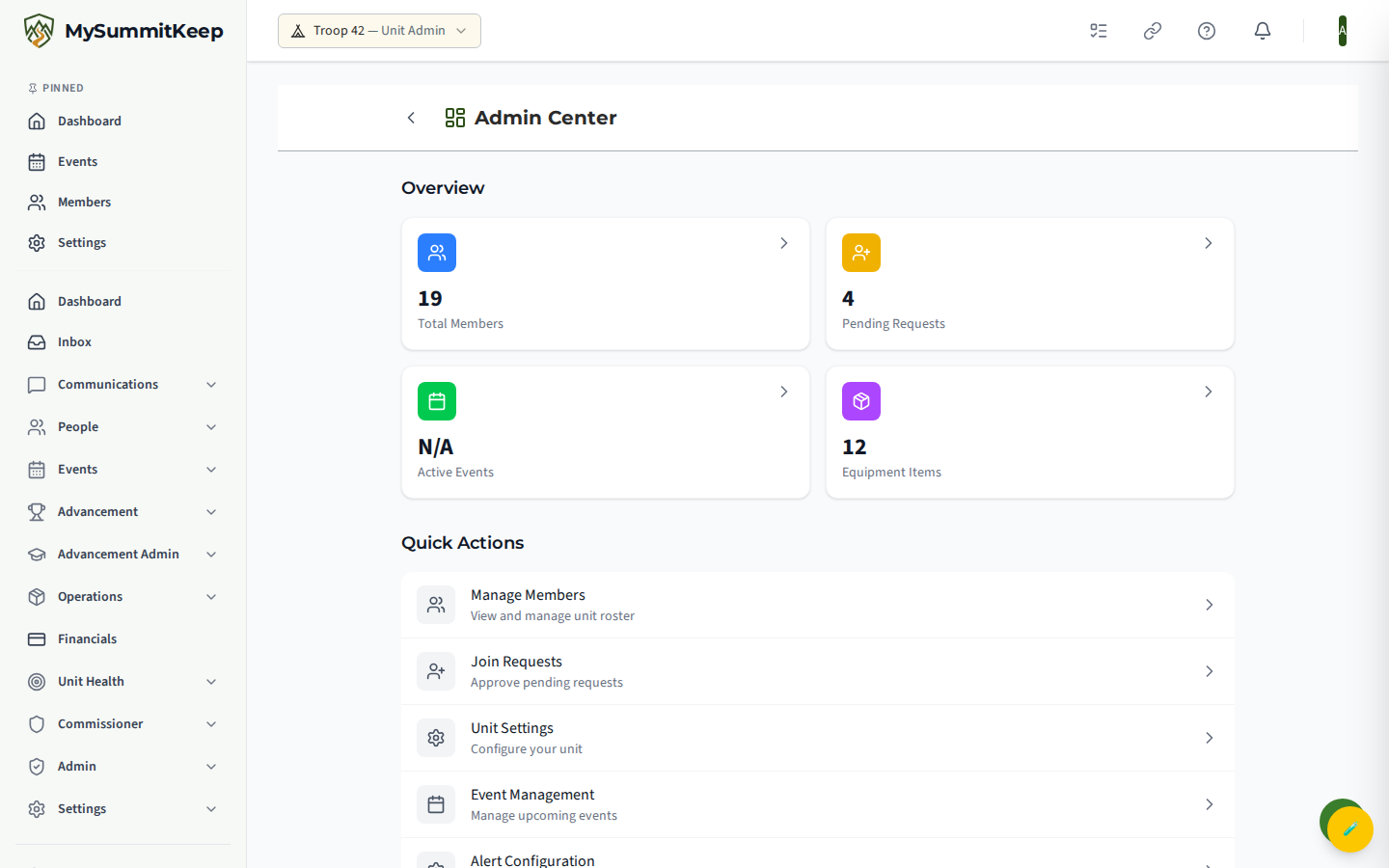 Admin Dashboard showing the stat cards and quick-action grid.
