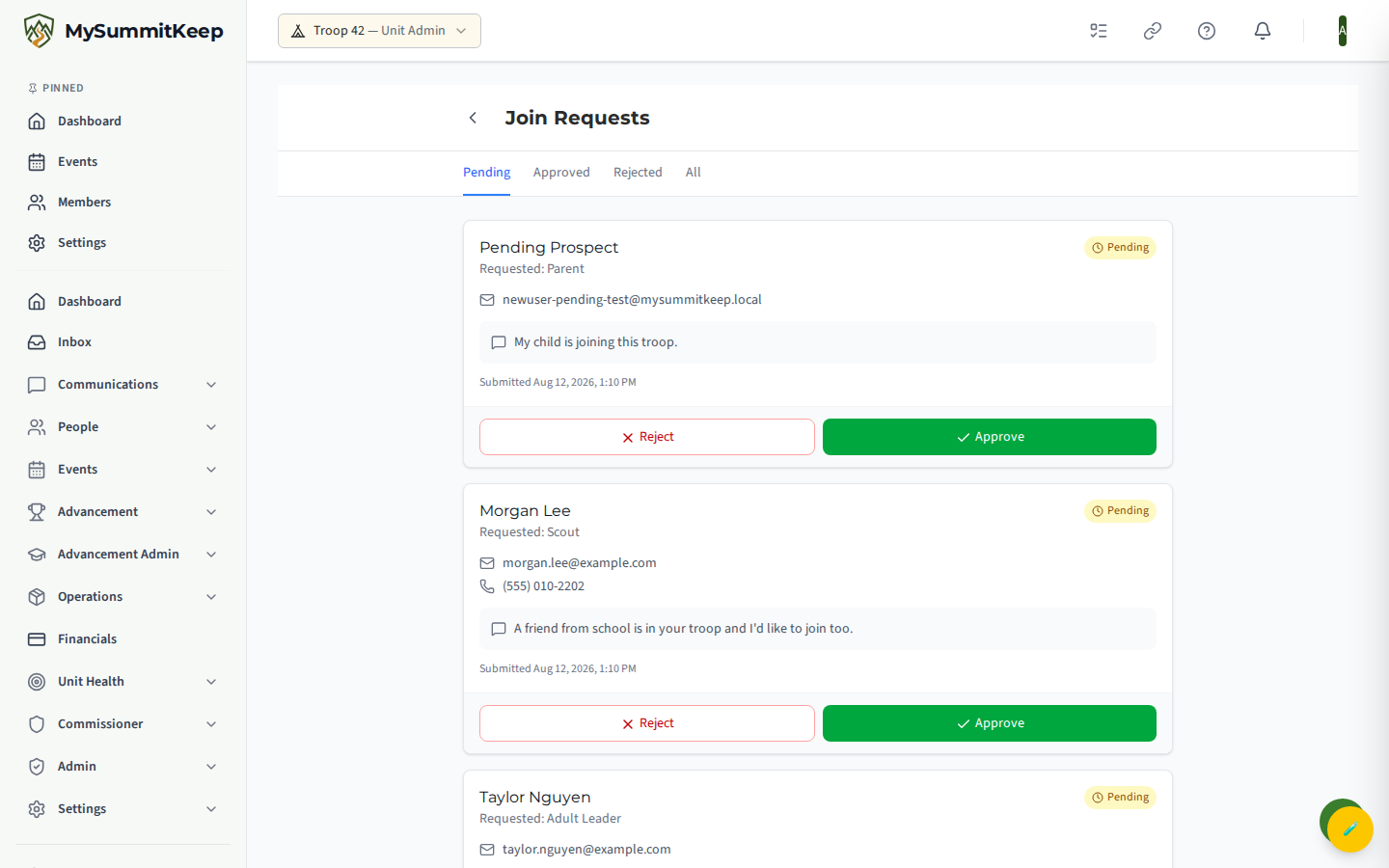 Join Requests page listing pending account requests to approve.