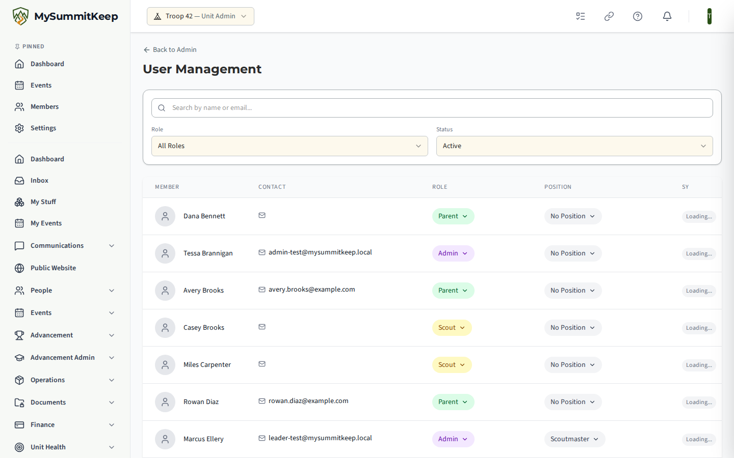 User Management page at /admin/users with the Search by name or email box, the All Roles and All Status filters, and the member list.
