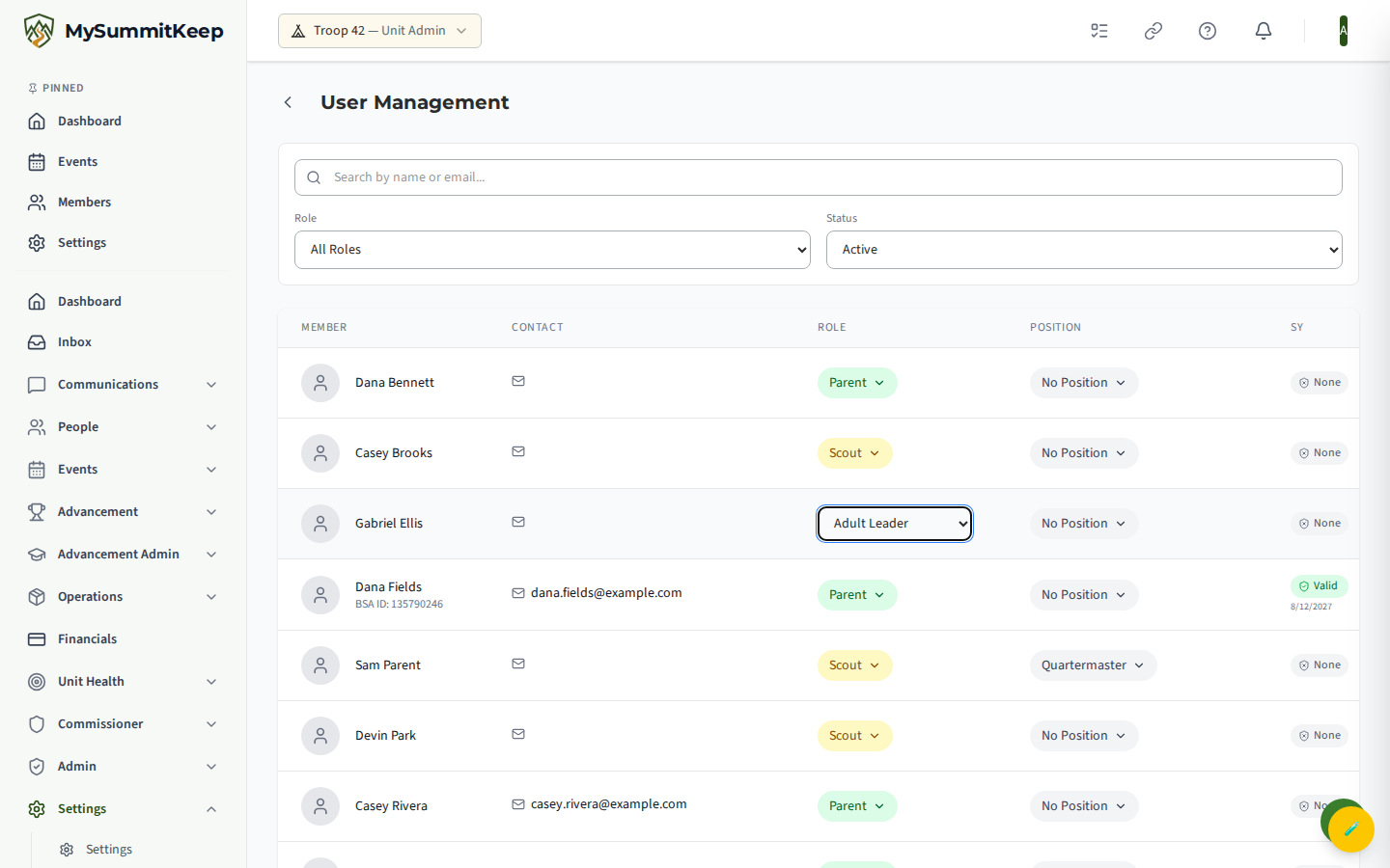 User Management page with role/status filters and search.