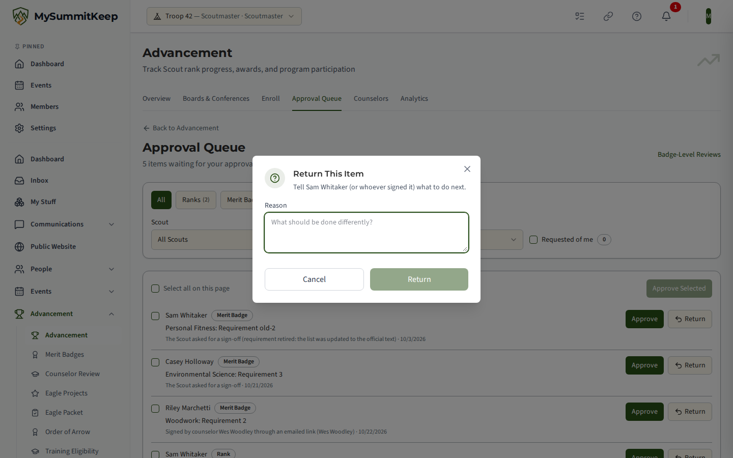 The Approval Queue with the Return This Item dialog open, asking the leader for a reason before sending the item back.