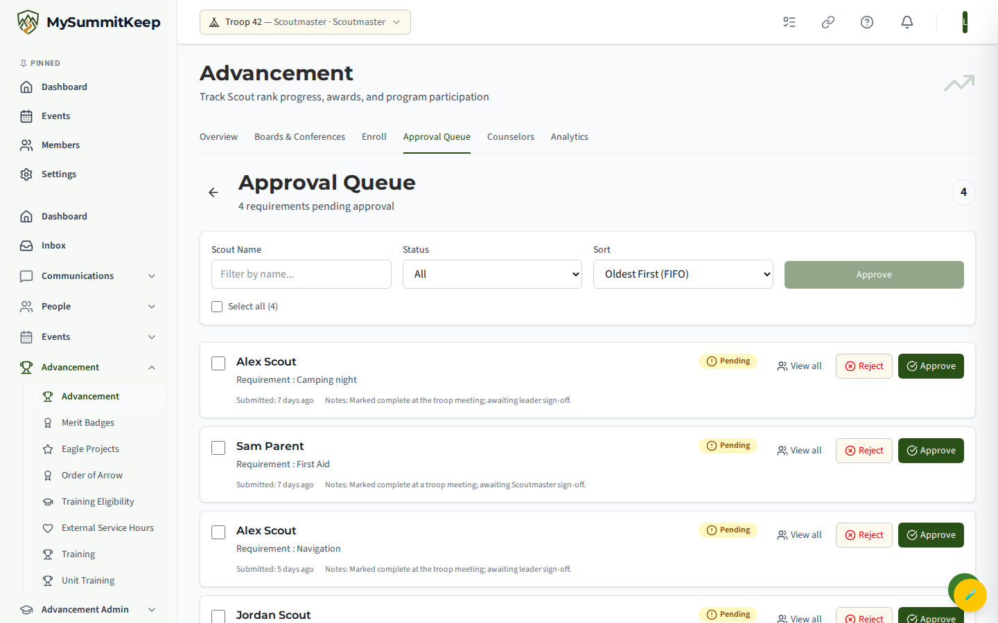 Approval Queue with pending requirement cards, status filter and FIFO/newest sort, approve/reject controls