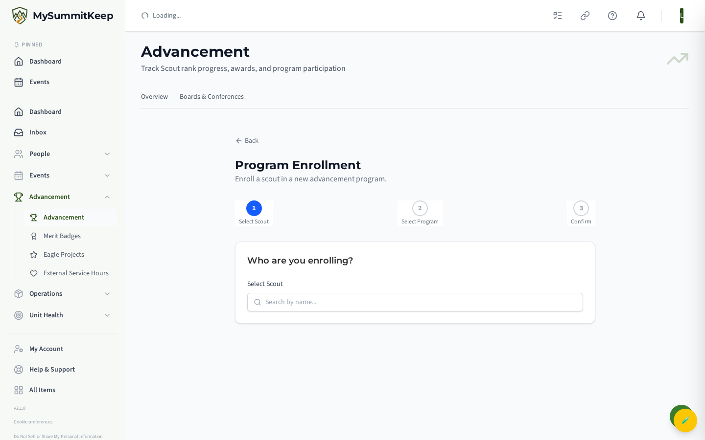 Enrollment page for enrolling a scout into a program