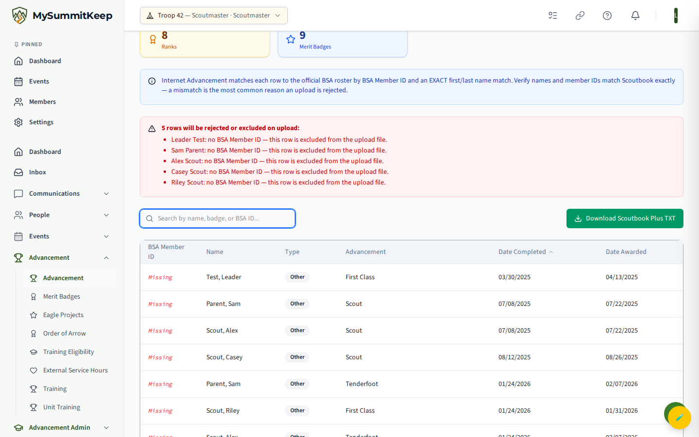 Advancement Export page showing the Scoutbook Plus TXT vs CSV (Legacy) format toggle, date filters, preview table and Download button