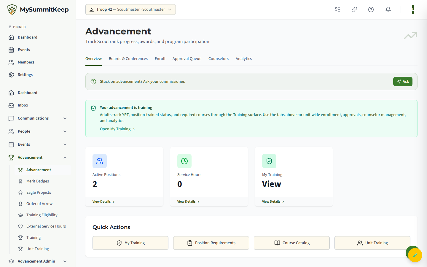 AdvancementPage Overview tab (program dashboard, rank journey, quick actions) as a leader