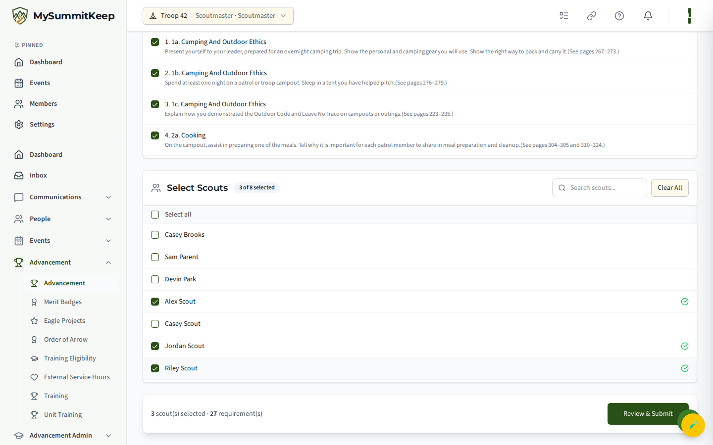 Quick Entry page mid-flow: scouts selected on the left, a rank requirement chosen, confirmation summary on the right