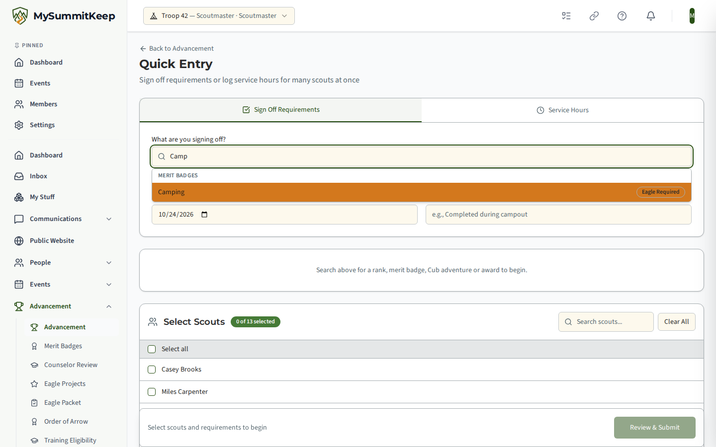 The Quick Entry search box open with results grouped under Ranks, Merit Badges, Cub Adventures and Awards as a leader types.