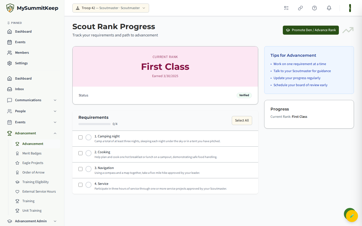 Scout Rank Progress page showing the Scout's current rank, its requirement-by-requirement completion checklist, and advancement tips