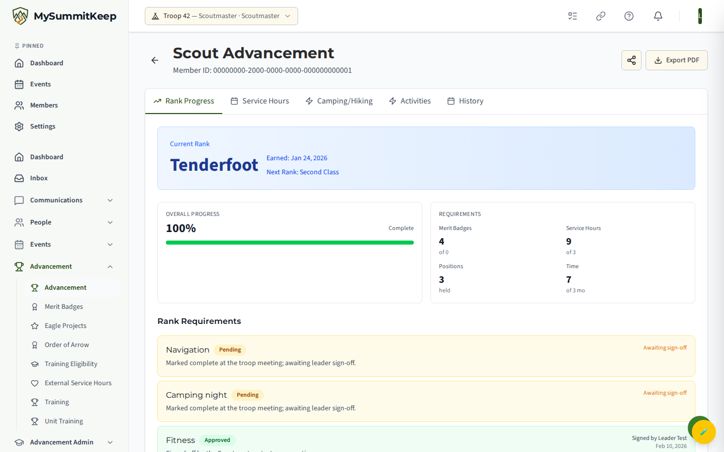 Per-scout advancement detail page on the Rank Progress tab showing current rank and progress summary