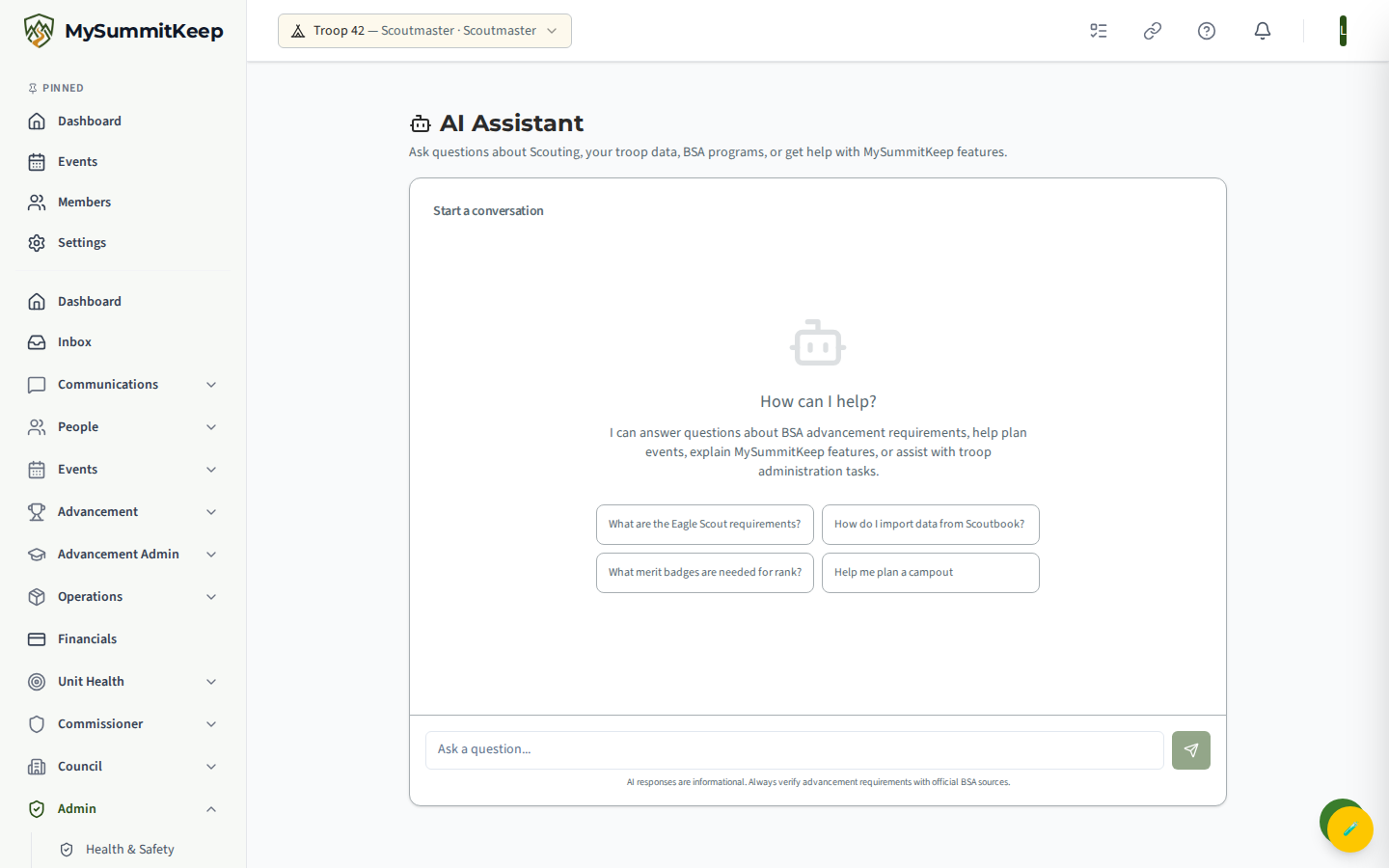 AI Assistant page empty state showing the suggested starter prompts grid.