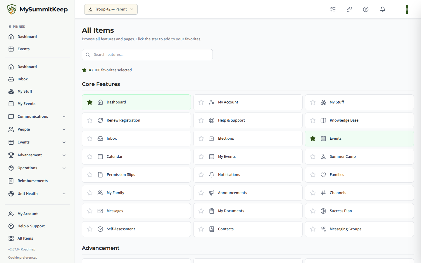 The All Items page as a parent sees it: a search box, the favourites counter, and cards grouped under Core Features, Advancement and Planning & Operations, each with a star to pin it.