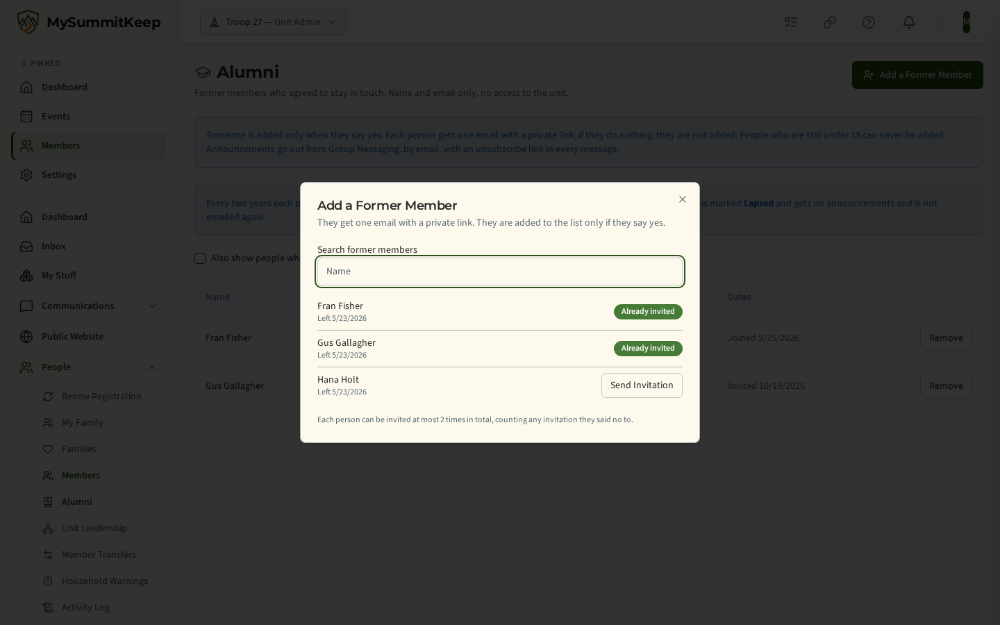 The Add a former member dialog with a search box and former members of the unit, each with a Send invitation button.