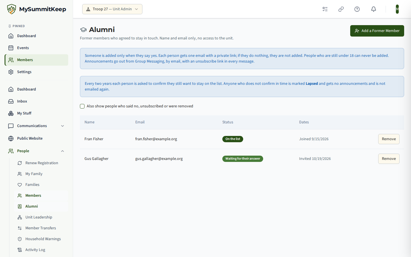 The Alumni page showing former members with name, email, status and dates, one on the list and one waiting for their answer, with the Add a former member button.