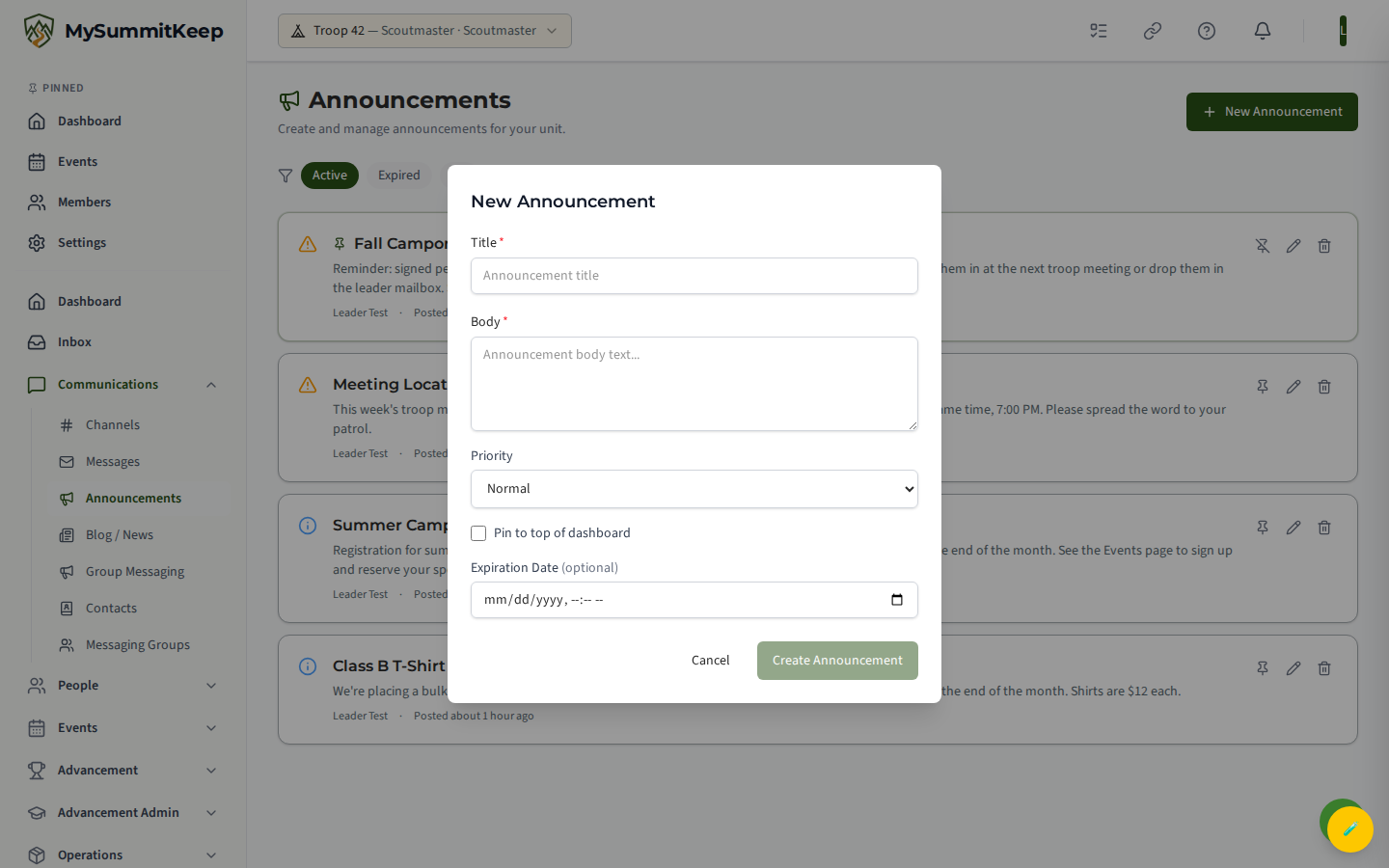 Announcement create form showing Title, Body, Priority dropdown, Pin toggle and Expires-at date.