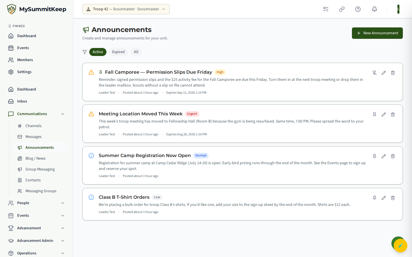 Announcements page at /announcements with the list of announcements (priority badges, pinned, expiry) and the New Announcement button for leaders.