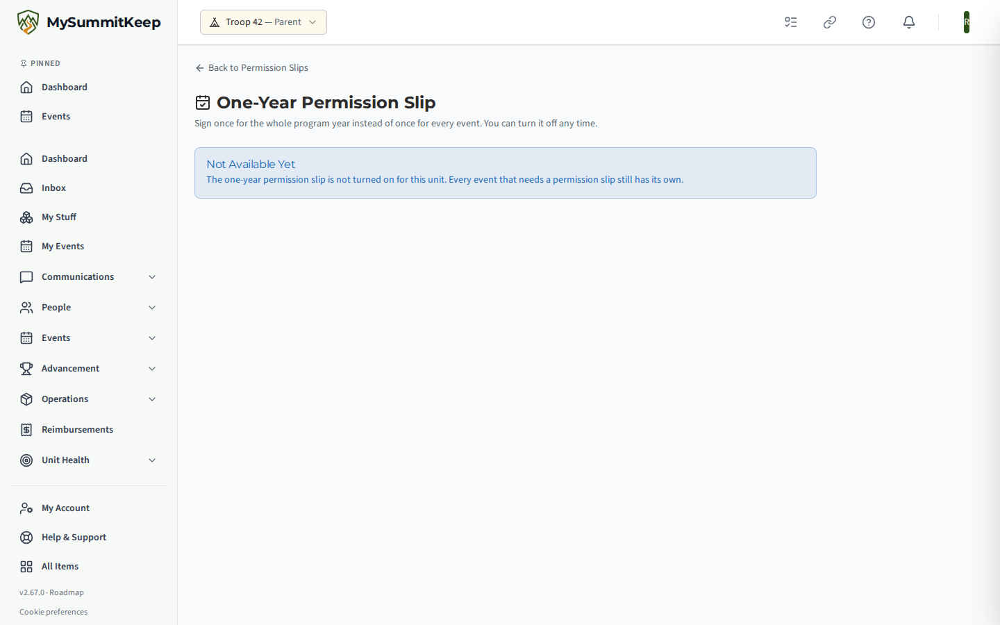 The One-Year Permission Slip page: the wording you agree to, what the slip never covers, and a card for each of your Scouts to sign or turn off.