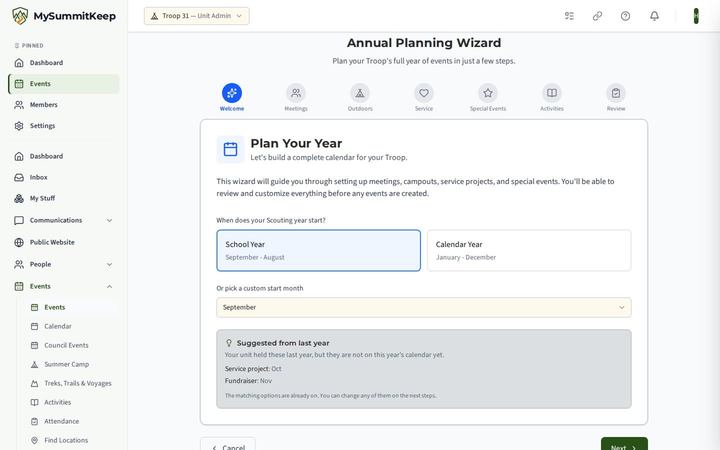 The Annual Planning Wizard's first step with the Suggested from last year panel. It lists a Service project and a Fundraiser, each with the month it was held last year, as not on this year's calendar yet. Because the wizard's matching options are already on, the panel says so in place of the Turn On Matching Options button.