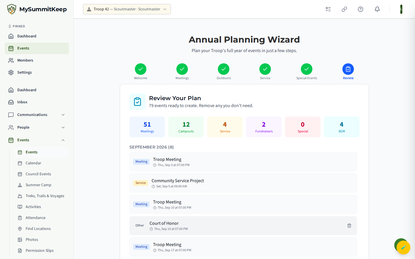 The Annual Planning Wizard on the Review step showing the generated year of events ready to batch-create.