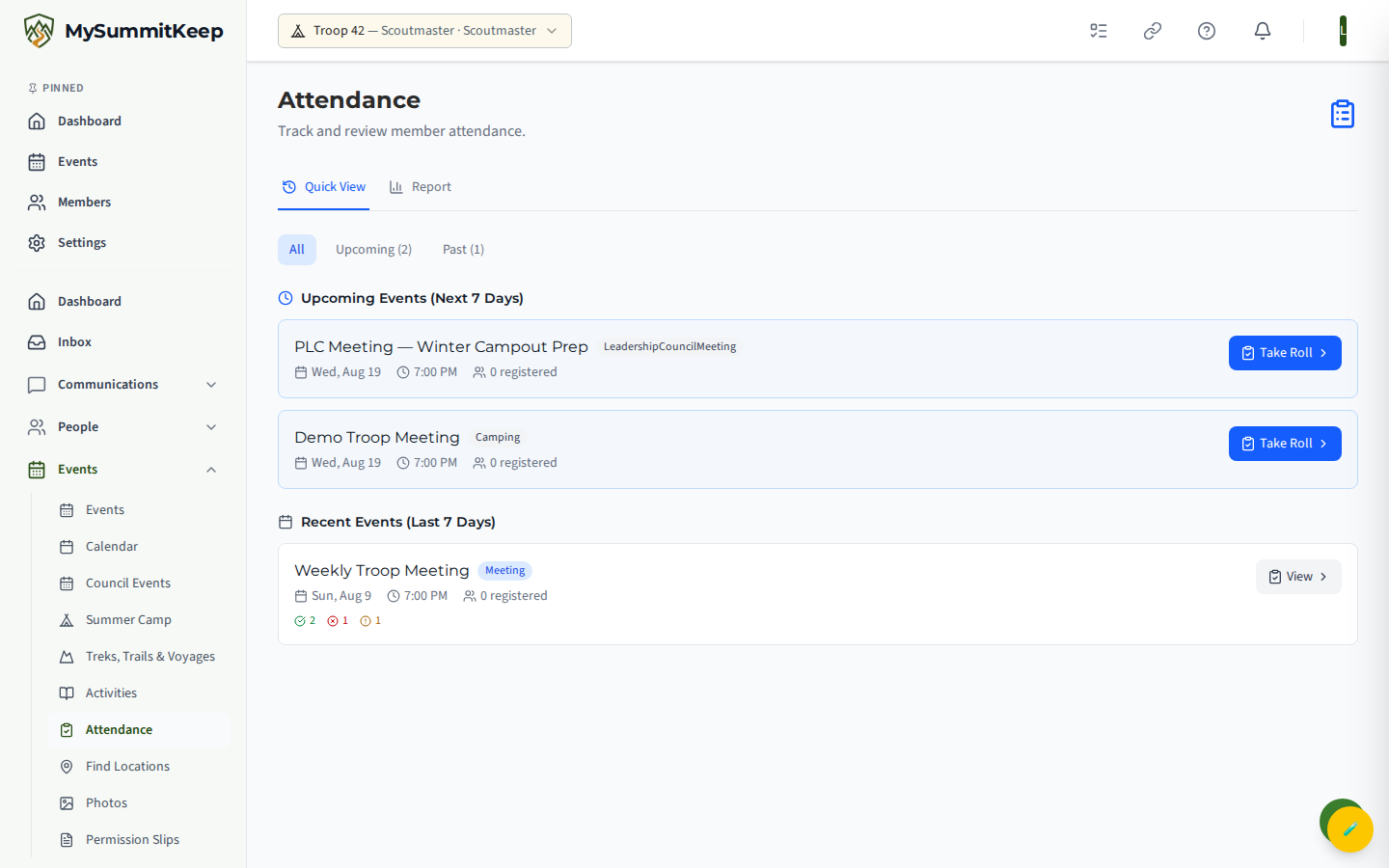 Attendance Quick View tab showing recent/upcoming events with present/absent/excused counts