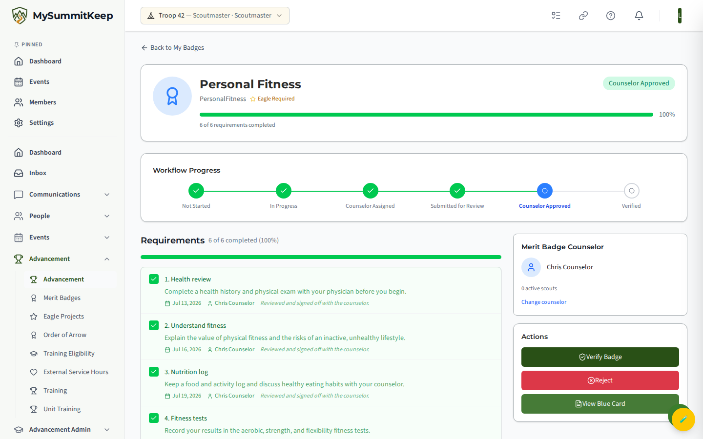 Per-badge progress page (leader view) with the workflow progress bar and Verify/Reject actions