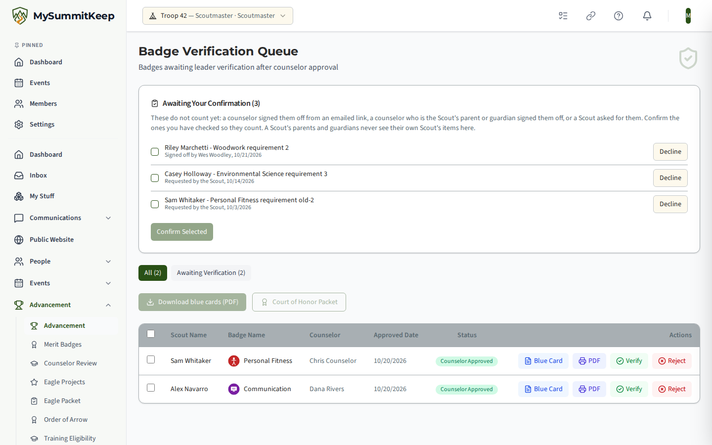 The Badge Verification Queue with the Awaiting your confirmation card: a requirement a counselor signed off from an emailed link, with checkboxes, Confirm selected and Decline.