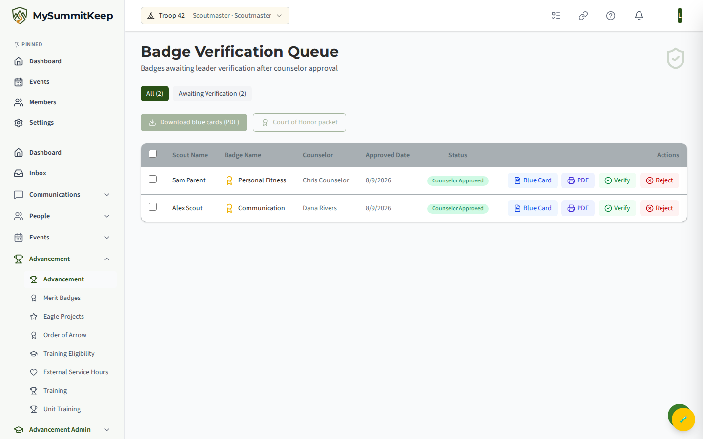 Leader badge review queue for verifying counselor-approved badges