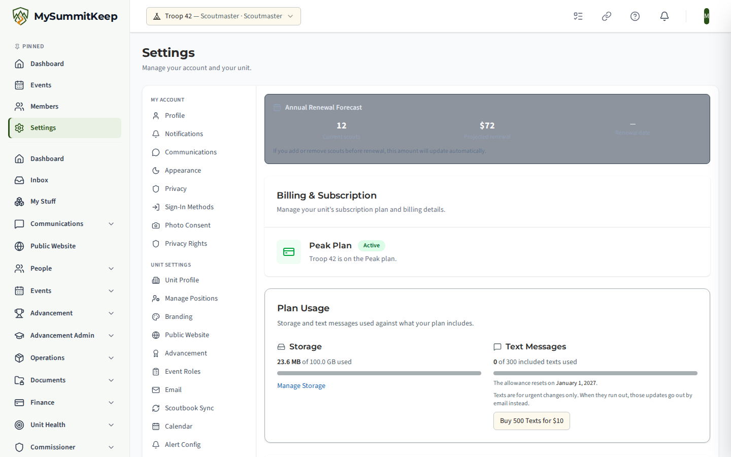 The Billing and Subscription settings page at /settings/billing with current plan and status, plan tier comparison cards, and subscription management