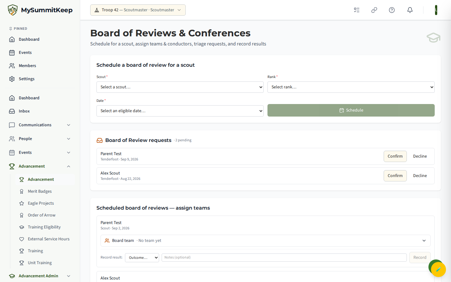Leader Boards & Conferences admin page: schedule form, triage queue, team builder and record-result controls