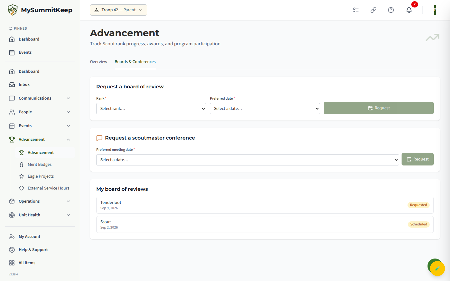 Scout-facing Boards & Conferences page with request controls and 'my boards' list
