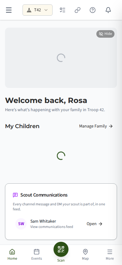 A phone screen with the bottom bar showing Home, Events, Map and More.