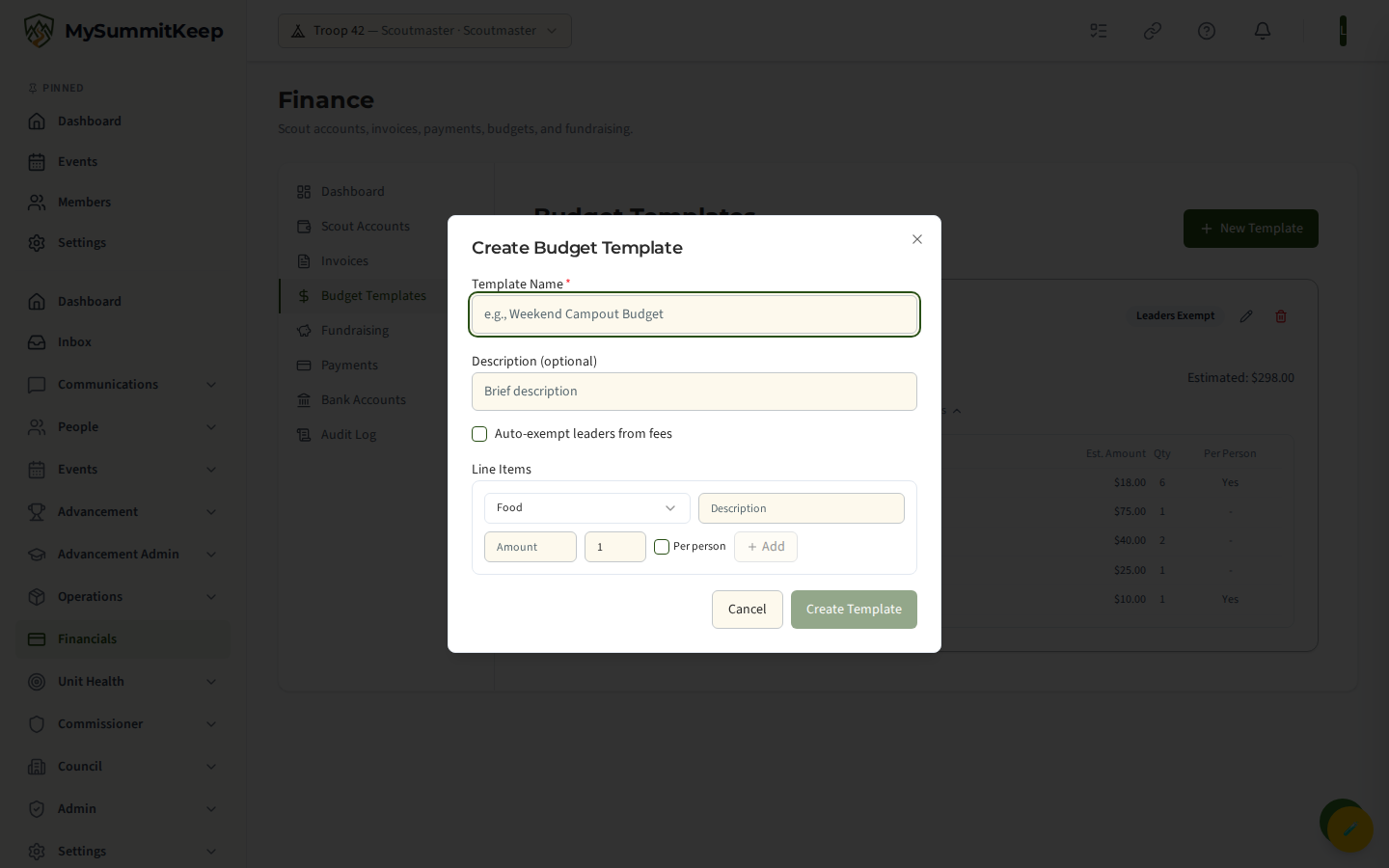 Budget Templates page with reusable templates and the create-template form.