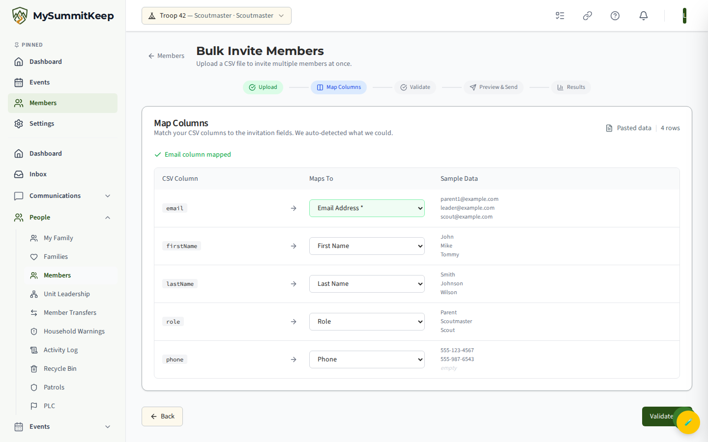 Bulk Invite Map Columns step matching CSV headers to fields