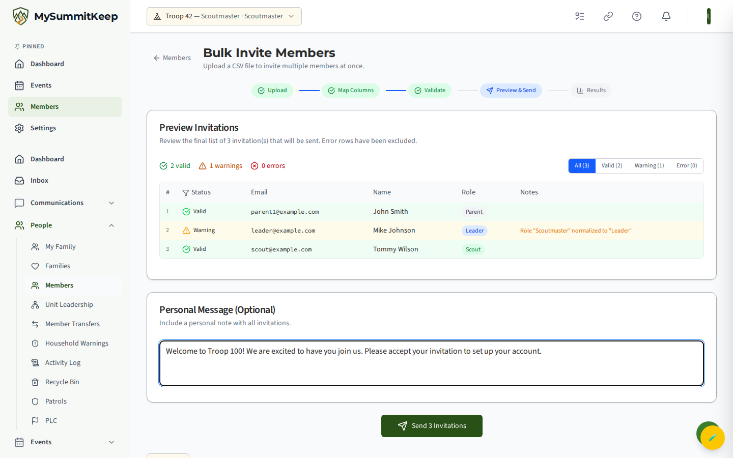 Bulk Invite Preview & Send step with validated rows and optional message