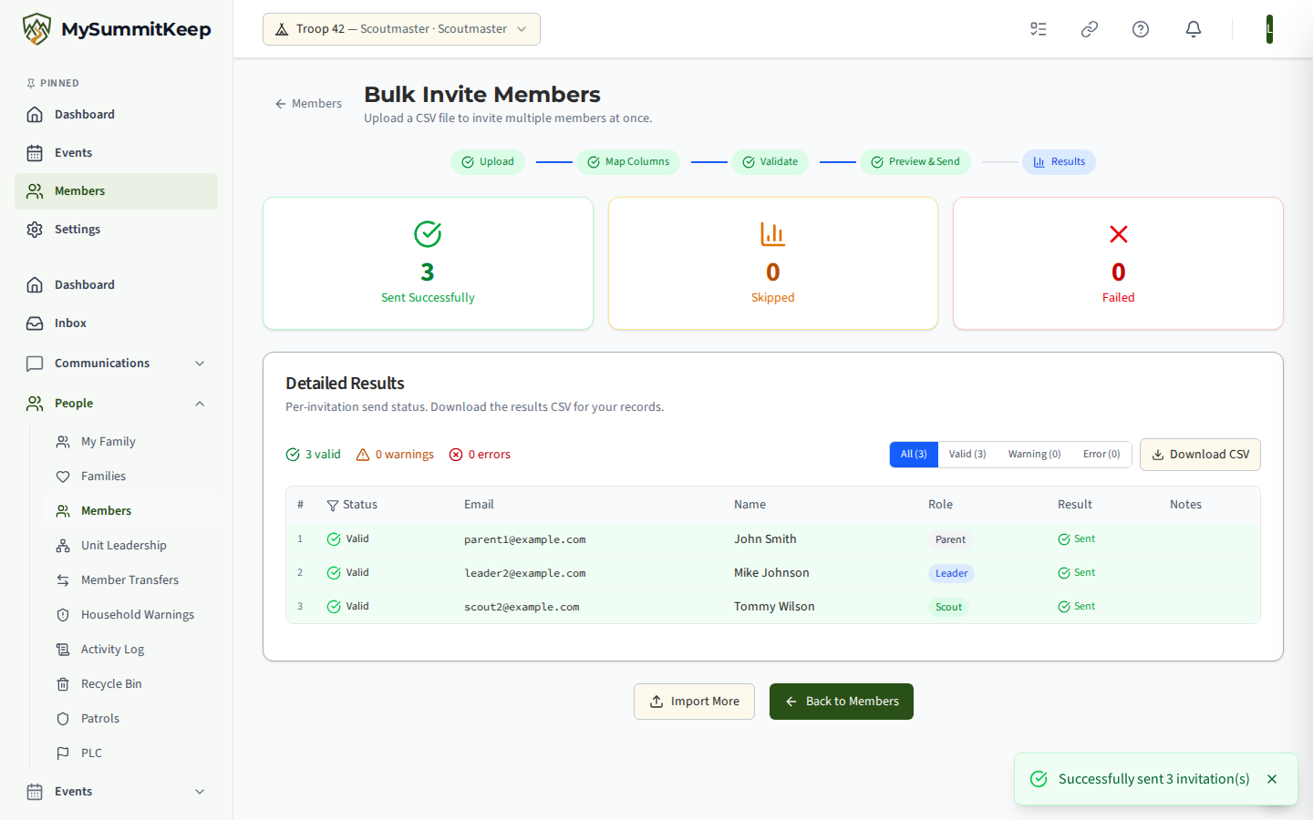 Bulk Invite Results step with per-row success/failure