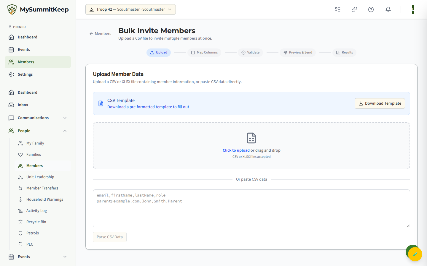 Bulk Invite wizard Upload step with dropzone and CSV template download