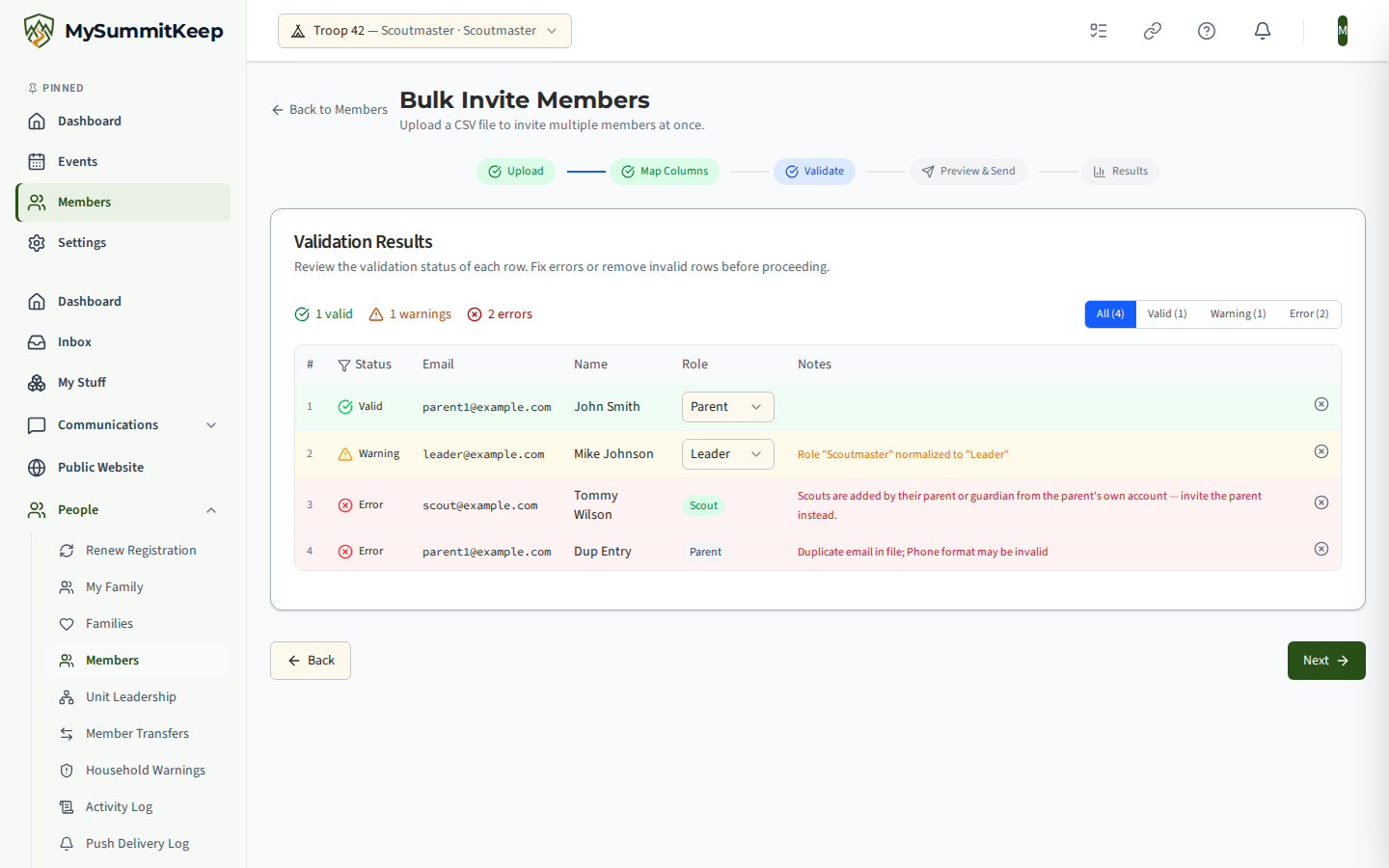 Bulk Invite Validate step with a valid row, a warning row whose role was normalized to Leader, and red error rows: a Scout row refused with the note to invite the parent instead, and a duplicate email.