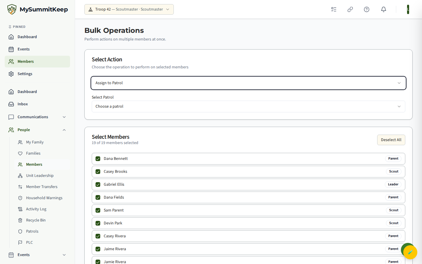 Bulk Operations page with member checklist and action picker (assign patrol, send message, export, update rank/type/role, archive)