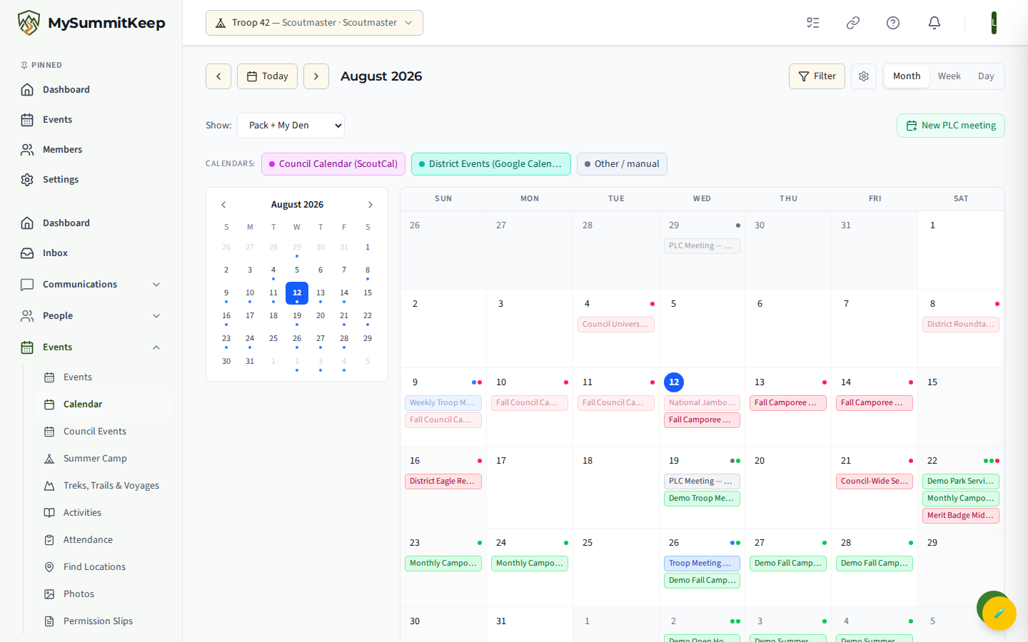 The calendar with council events overlaid (rose-colored) and the council-events toggle enabled.