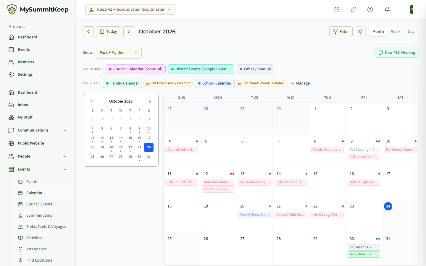The calendar's Overlays row with a School Calendar and a Family Calendar as dashed toggle chips, a Can't load chip for a feed that failed, and the Manage button.
